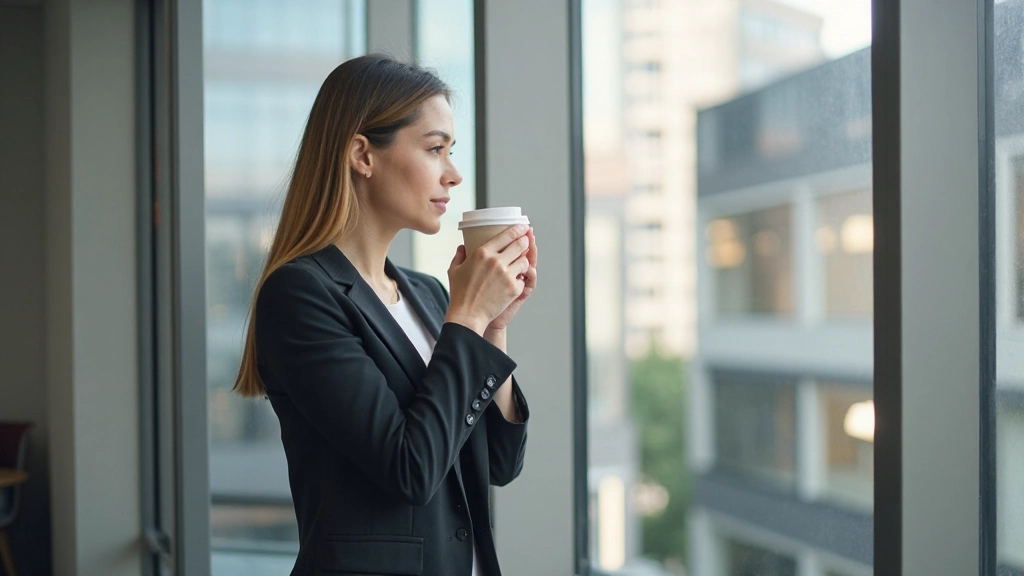 Профессиональная фотография человека, делающего перерыв на работе, пьющего кофе у окна офиса, расслабленная поза, естественный свет